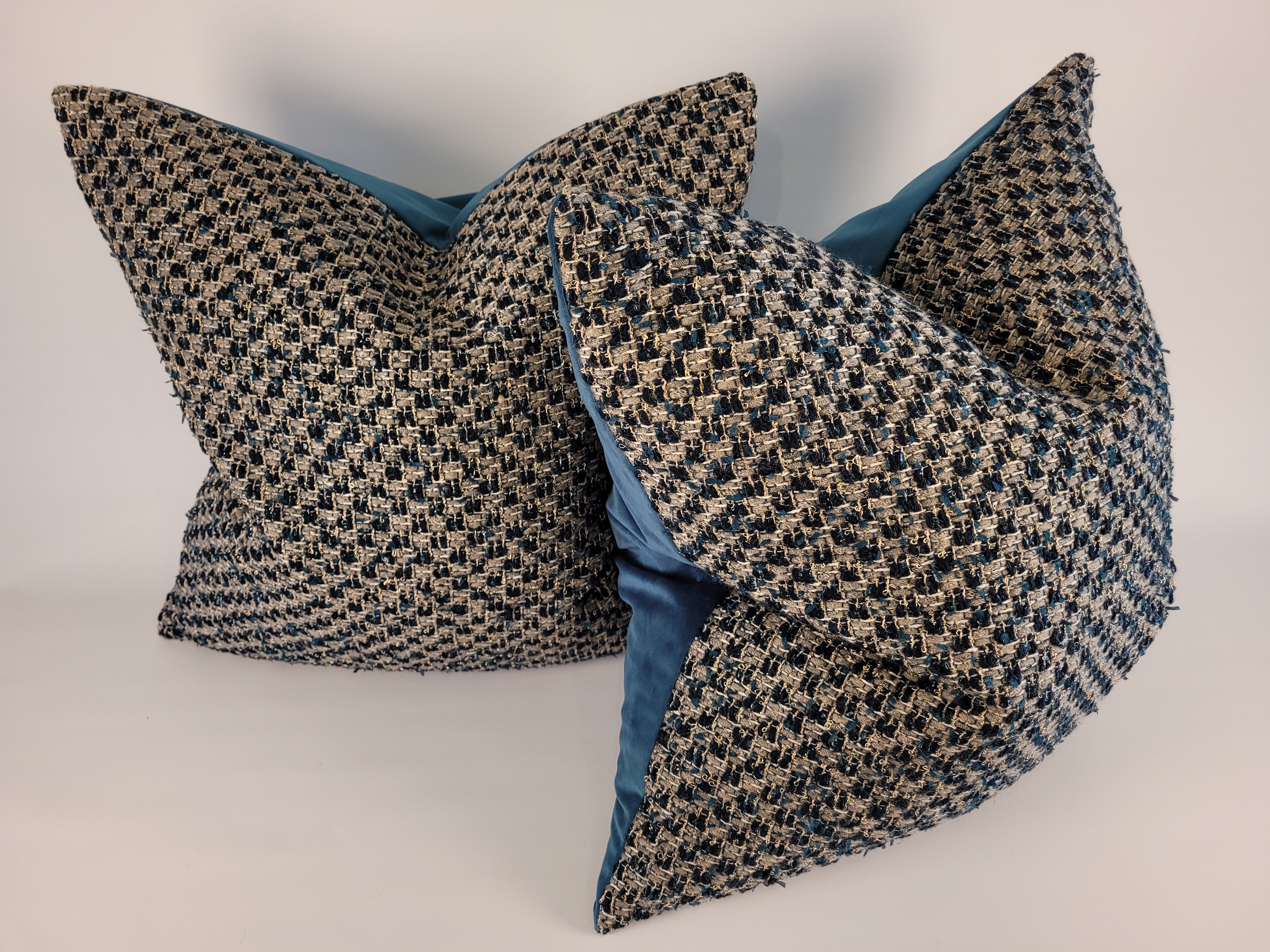 Dark Teal and Grey Tweed Pillow with Dark Teal Velvet Back 22